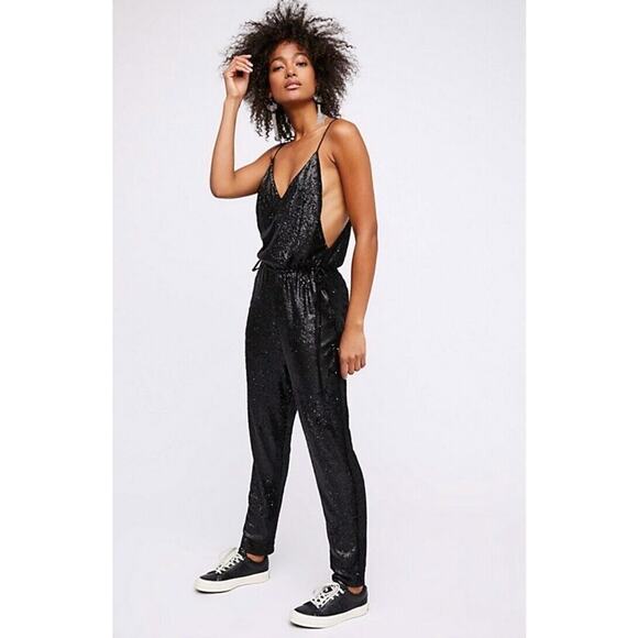 Free People black sequin jumpsuit size small S adjustable - Picture 9 of 9